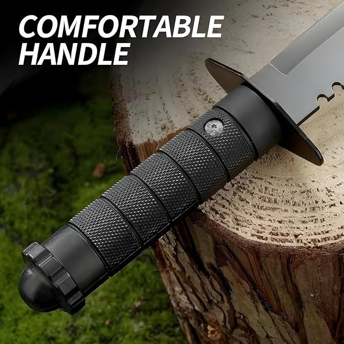 Knife with a textured black handle on a wooden stump, emphasizing the 'Comfortable Handle' feature.