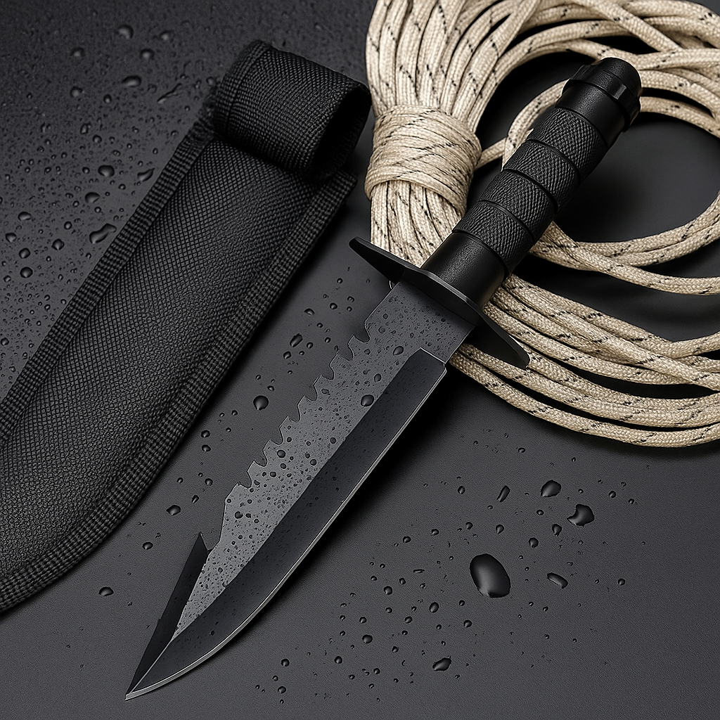 Black knife with sheath and rope on a dark surface