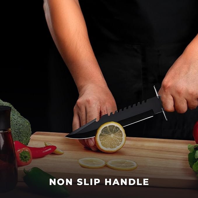 Person cutting a lemon with a knife on a wooden cutting board, surrounded by vegetables.