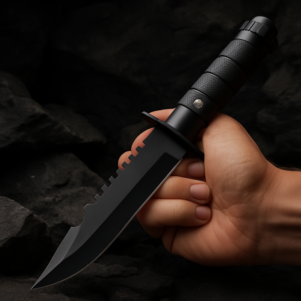 Hand holding a black knife against a dark background